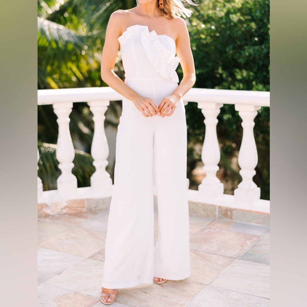 White Ruffle Strapless Jumpsuit